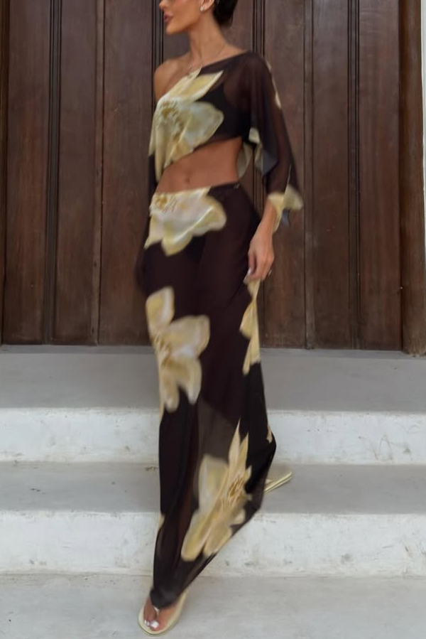 Floral Print Off-shoulder Long-sleeved Loose Top and Elegant Drawstring Maxi Skirt Set