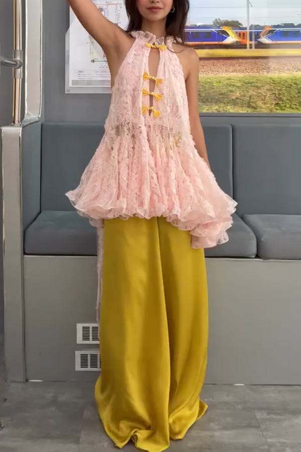 Cheongsam Style Lace Stand Neck Knots Button Ruffle Flare Hem Top