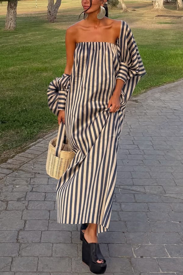 Berry Satin-Striped Detachable Balloon Sleeve Jacket Strapless Maxi Dress | Consonak