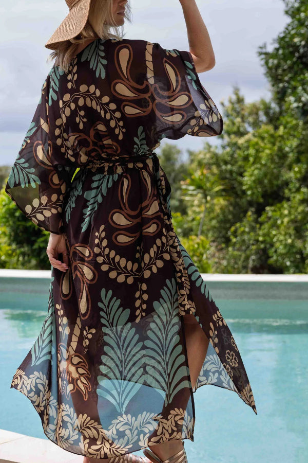 Bohemian Style Unique Printed Chiffon Loose-fitting Belted Maxi Dress