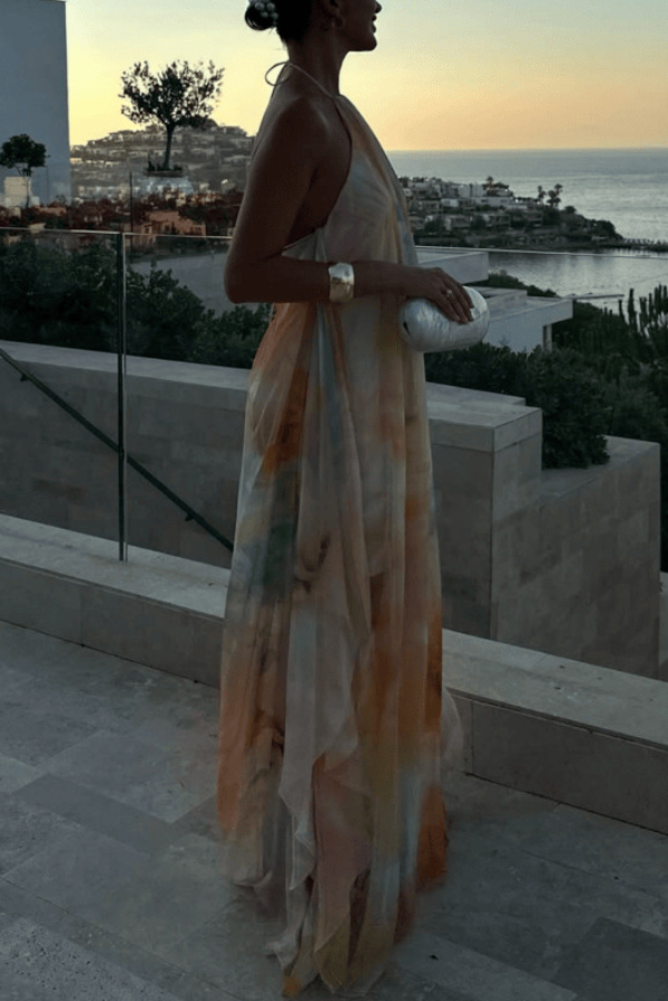 Fashionable Tie-dye Halter Neck Backless Loose Vacation Maxi Dress