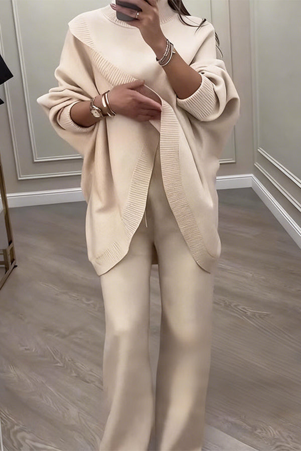 Solid Color Loose-fitting Turtleneck Knit Top and Elastic Waist Casual Pocket Straight Leg Pants-consonak