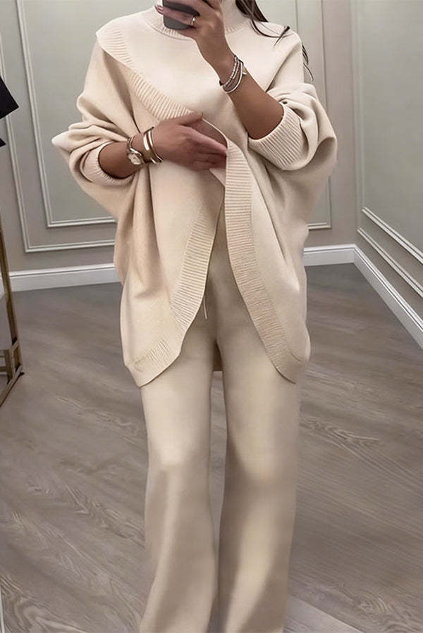 Solid Color Loose-fitting Turtleneck Knit Top and Elastic Waist Casual Pocket Straight Leg Pants-consonak