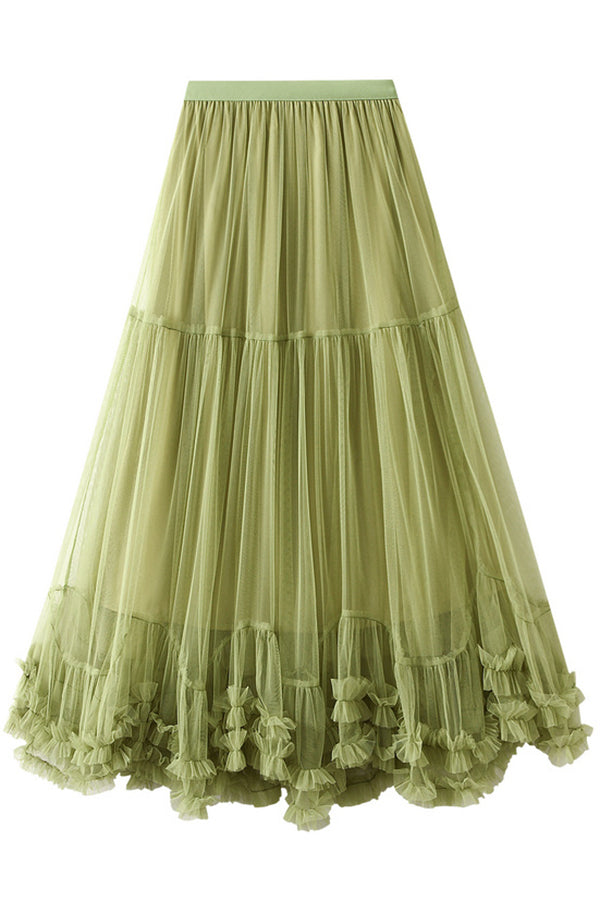 Elegant Tulle Stretch Waist Paneled Pleated Maxi Skirt-consonak