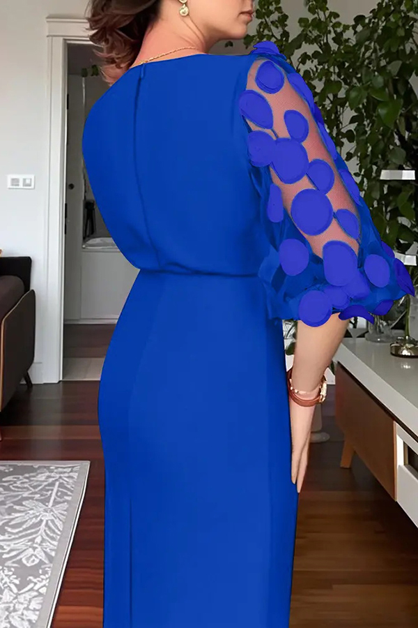 Solid Color Polka Dot Lantern Sleeve Slim High Waist Midi Dress-consonak