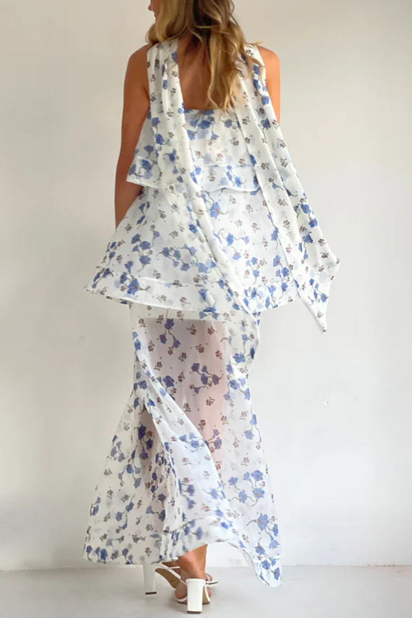 Ameile Organza Floral Print Tiered Slip Square Neck Scarf A-line Maxi Dress
