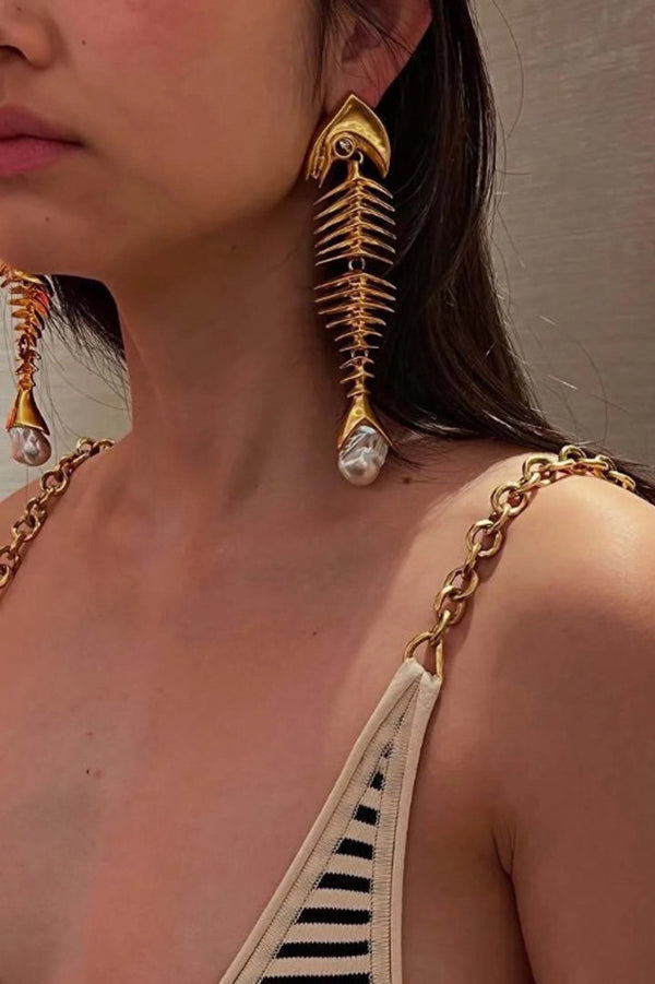 Personalized Fishbone Diamond Pearl Pendant Earrings-consonak