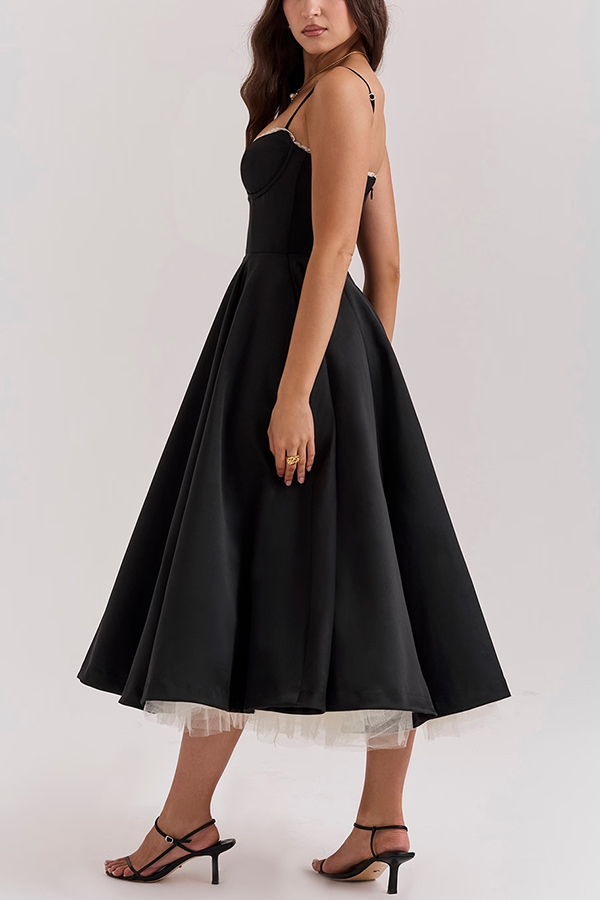 Fairytale Vibe Satin Patchwork Tulle Sweetheart Neck Pocket Stretch Midi Dress-consonak