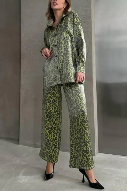 Leopard Print Long-sleeved Casual Top and Loose Elastic Waist Tie Pants Set-consonak