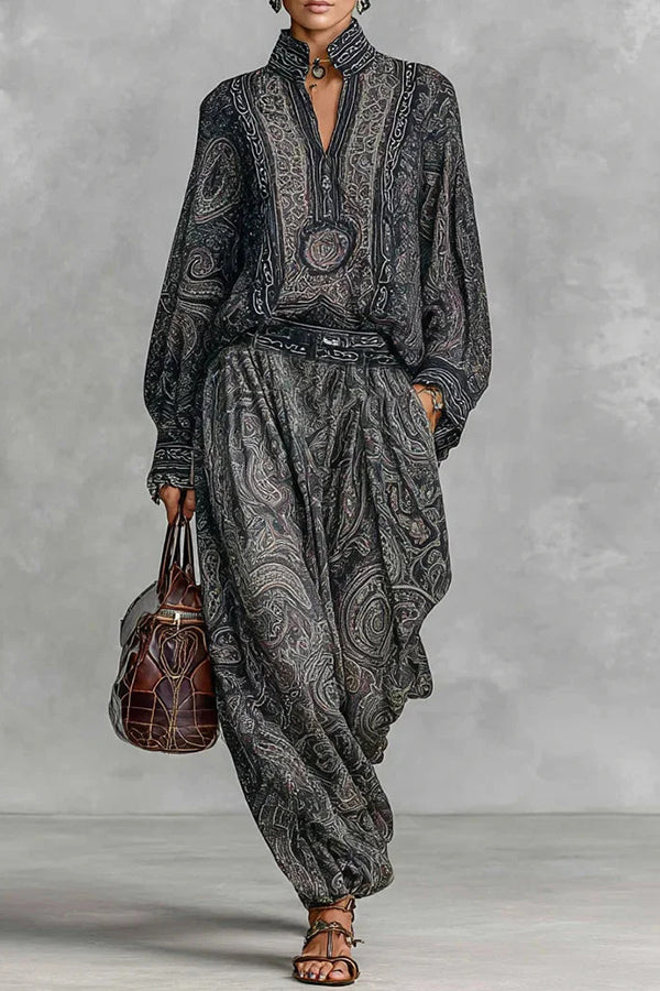 Unique Printed V-neck Long-sleeved Loose Top and Casual Pocket Wide-leg Pants Set-consonak