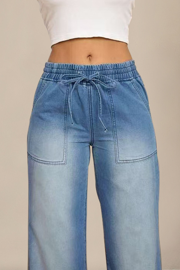 Stylish Elastic Waist Drawstring Pocket Casual Straight Wide-leg Jeans | Consonak
