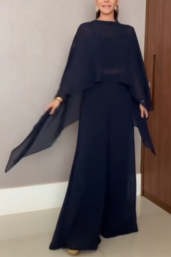 Veronica Chiffon Cape Flowing Top and Elastic Waist Wide-Leg Pants Set-consonak