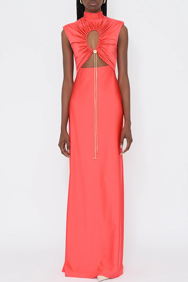 Genis Hollow Elastic Bust High Neck Sleeveless Gathered Maxi Dress-consonak