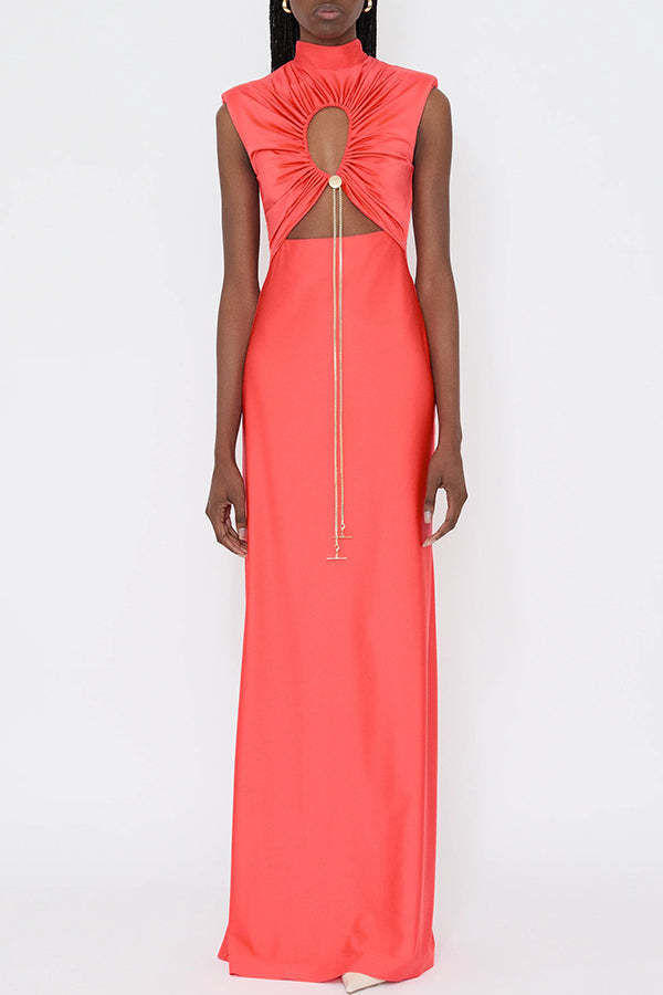 Genis Hollow Elastic Bust High Neck Sleeveless Gathered Maxi Dress-consonak