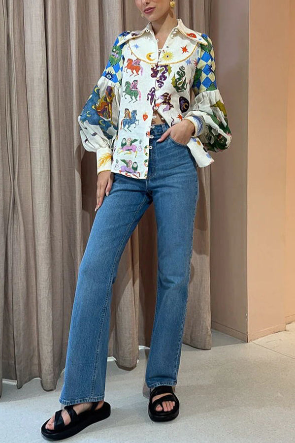 Love Frees Me Linen Blend Unique Print Balloon Sleeve Button Shirt-consonak