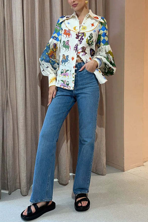 Love Frees Me Linen Blend Unique Print Balloon Sleeve Button Shirt-consonak
