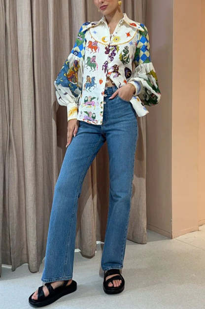 Love Frees Me Linen Blend Unique Print Balloon Sleeve Button Shirt-consonak