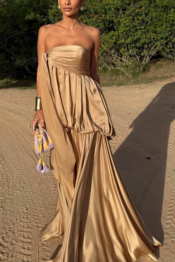 Flowing Fantasy Satin Pleated Bubble Design Strapless Drape Maxi Dress-consonak