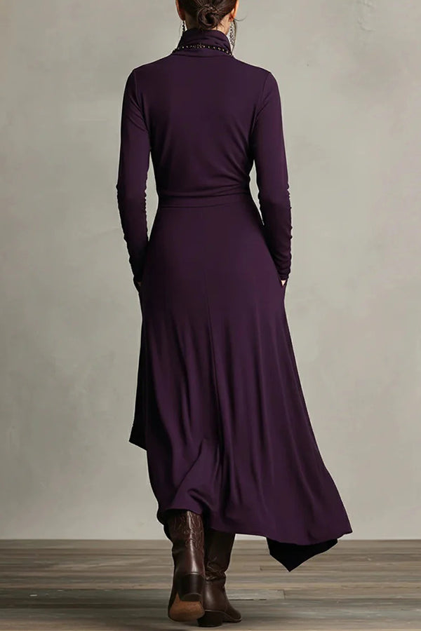 Solid Color High-neck Long-sleeved Irregular Casual Maxi Dress-consonak