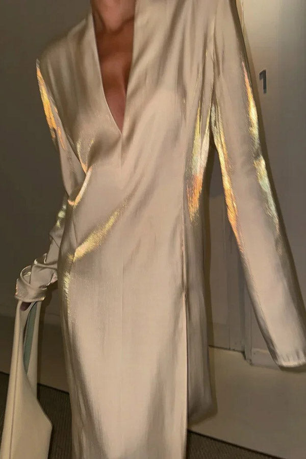 Solid Color Glossy V-neck Long Sleeve Casual Slit Maxi Dress-consonak