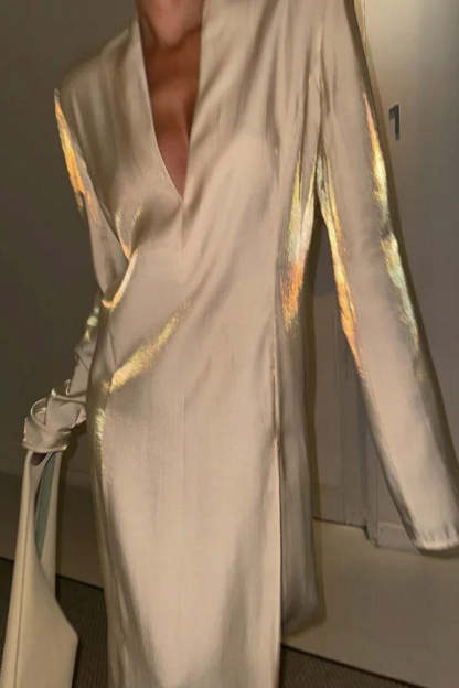 Solid Color Glossy V-neck Long Sleeve Casual Slit Maxi Dress-consonak