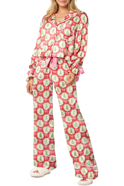 Christmas Printed Velvet Lace-up Long-sleeve Pocket Top and Elastic Waist Wide-leg Pants Set-consonak