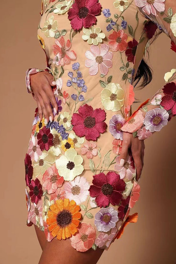 Elegantly Enchanted Floral Applique Backless Long Sleeve Mini Dress | Consonak