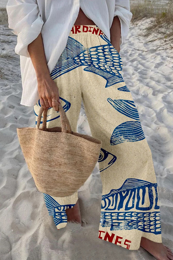 Unique Marine Print Elastic Waist Loose Pocket Pants | Consonak