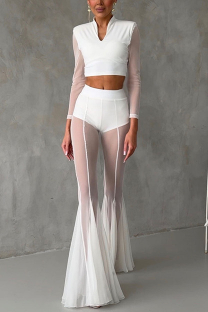 Deep Chic Mesh High Rise Elastic Waist Fishtail Stretch Pants-consonak