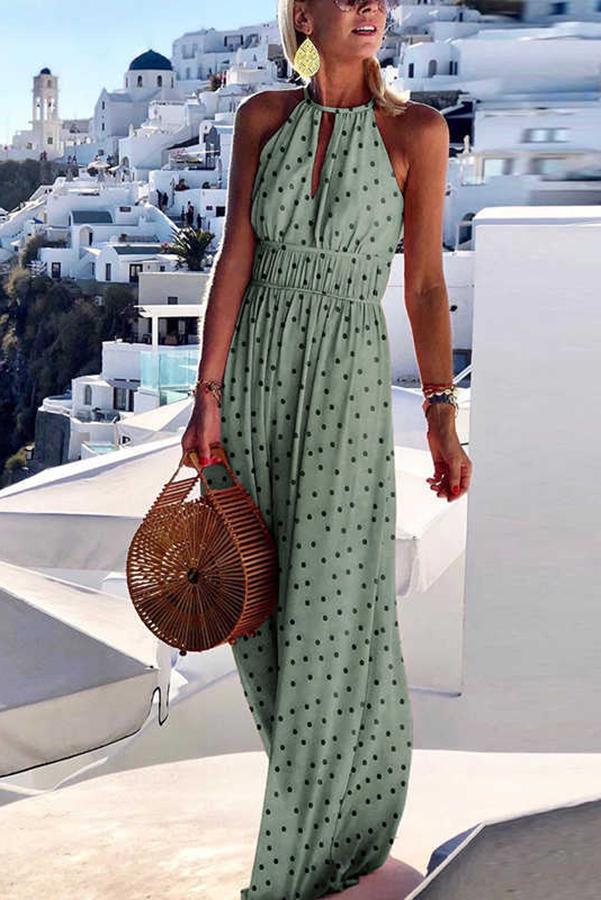 Women's fashionable and elegant vacation style printed large hanging neck design with a sense of long skirt-consonak