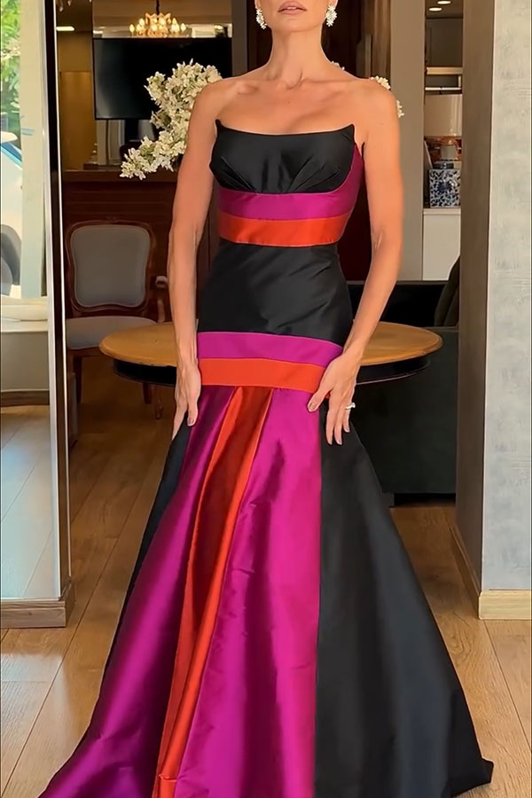 Reina Satin Color-block Strapless Fishtail Flared Hem Porm Maxi Dress-consonak