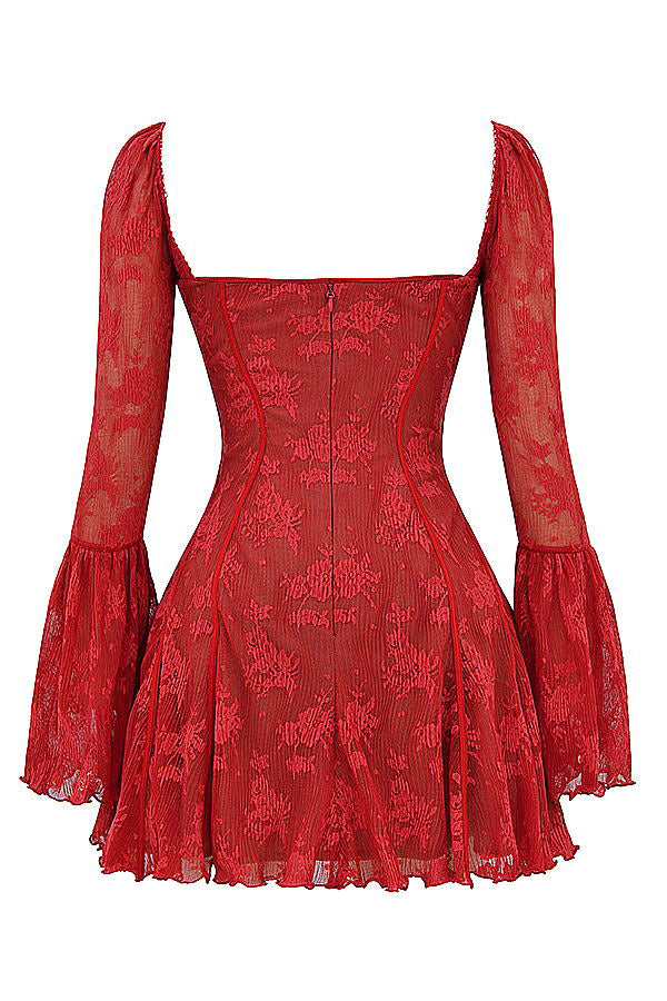 Analysis Lace Square Neck Lace Slim Fit Back Zip Long Sleeve Mini Dress-consonak