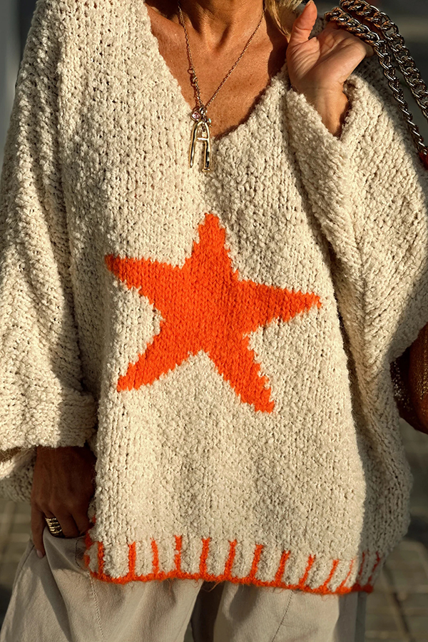 Warm Winter Day Texture Knit Star Pattern Contrast Color Loose Sweater-consonak