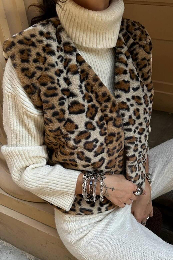 Leopard Print Rabbit Fur Sleeveless V-neck Loose Vest Jacket-consonak