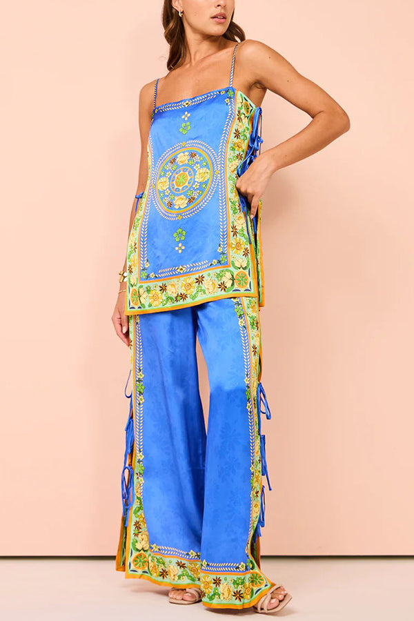 Nara Satin Unique Print Side Lace-up Tank and Elastic Waist Pocketed Wide Leg Pants Set-consonak