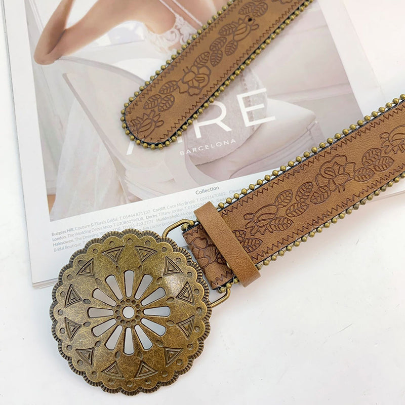 Retro Versatile Faux Leather Carved Brown Belt-consonak