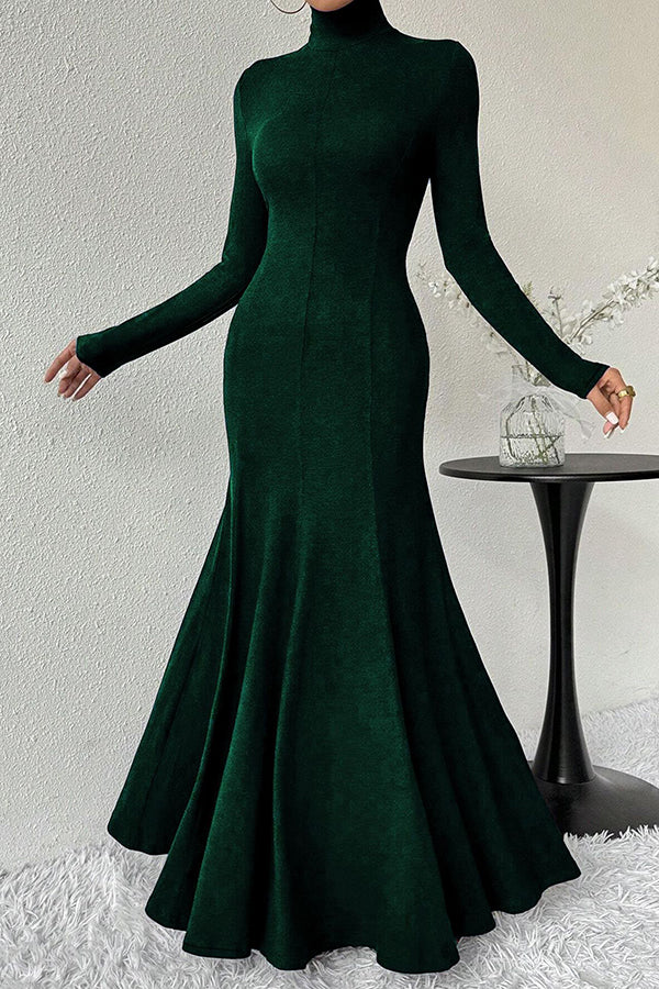 Solid Color High-neck Long-sleeved Slim-fit Fishtail Elegant Maxi Dress-consonak