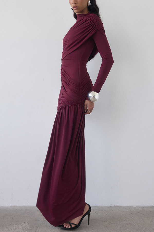 Solid Color Long-sleeved Pleated Slim-fit Elegant Ribbon Mini Dress-consonak