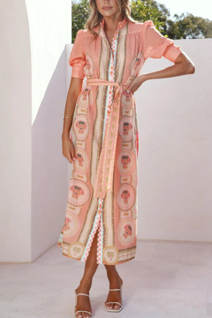 Unique Printed Puff Sleeve Button Lace Up Vacation Maxi Dress-consonak