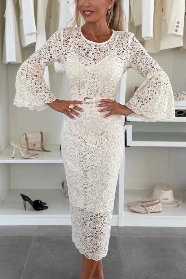 A Delicate Day Floral Lace Long Flared Sleeve Pencil Midi Dress Including Lining