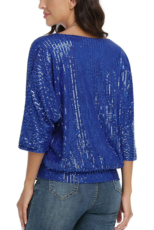 Solid Color Sequined Loose Round Neck Casual Top-consonak