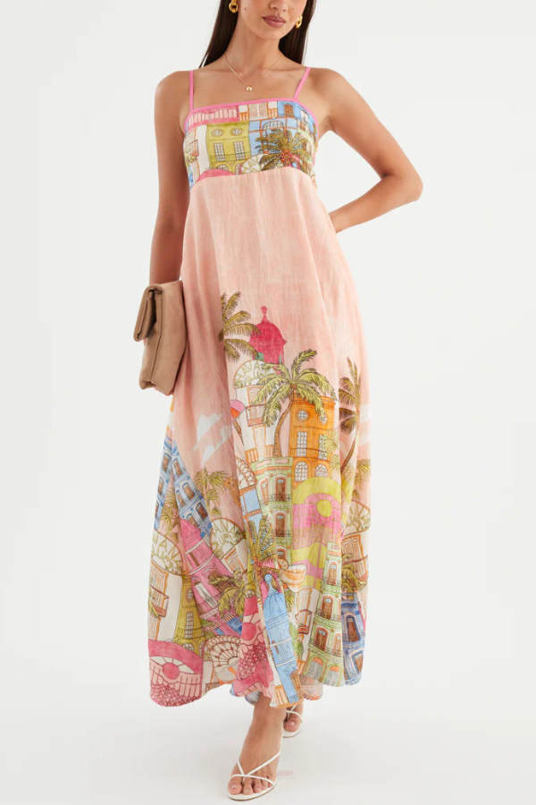 Unique Printed Loose Sleeveless Camisole Casual Vacation Maxi Dress-consonak