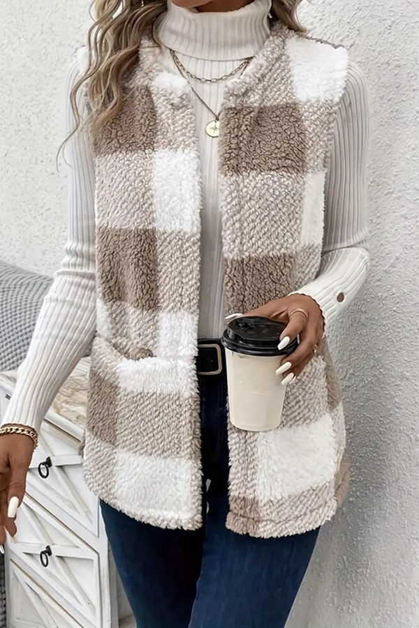 Fashionable Plaid Loose Pocket Sleeveless Jacket-consonak
