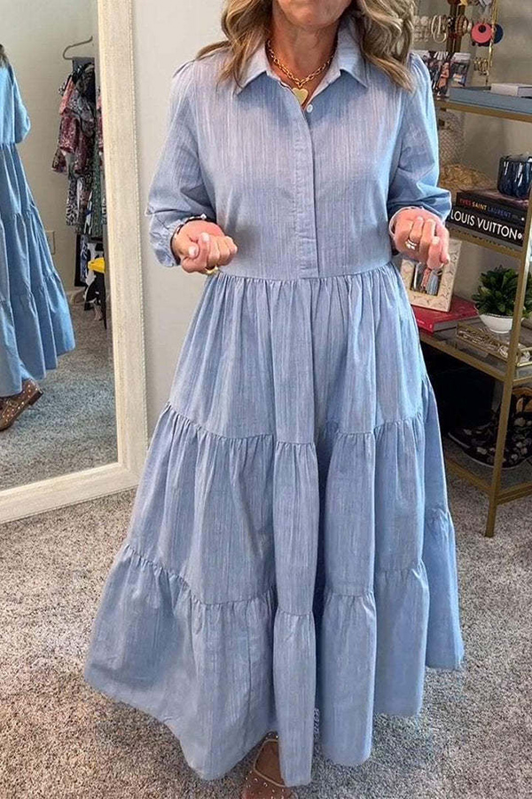 Solid Color Lapel Elastic Cuffs Loose Maxi Dress-consonak