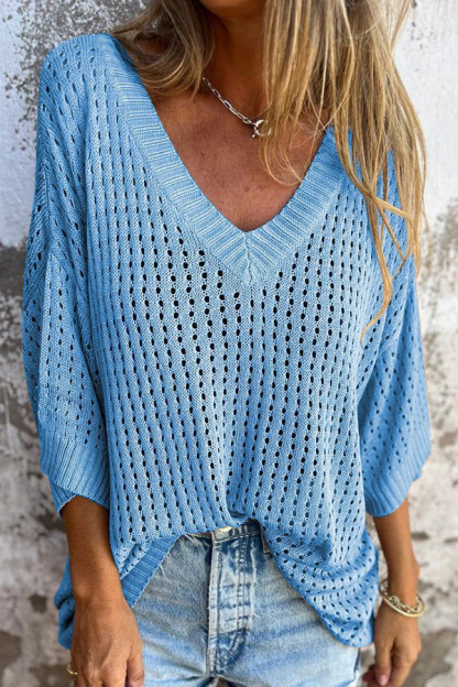 Fashionable Hollow V-neck Long-sleeved Casual Loose Knitted Top-consonak