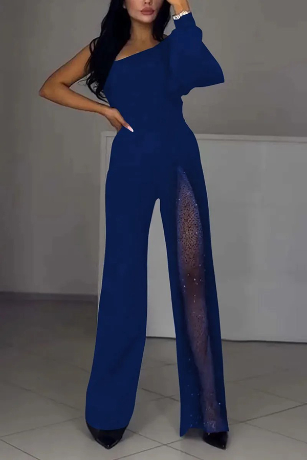 Fashionable Oblique Shoulder One-sleeve Sexy High Slit Slim Jumpsuit-consonak