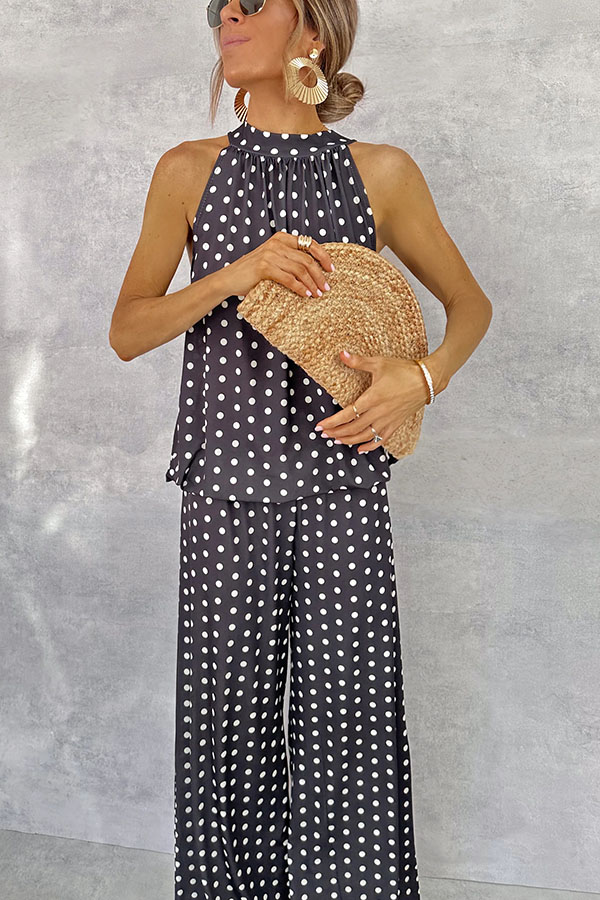 Imanie Polka Dot Print Back Tie-up Tank and Elastic Waist Wide Leg Pants Set-consonak