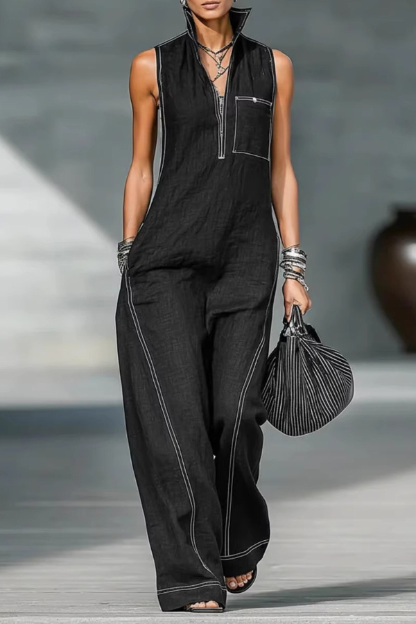Solid Color Sleeveless Stand Collar Casual Pocket Loose Wide-leg Jumpsuit