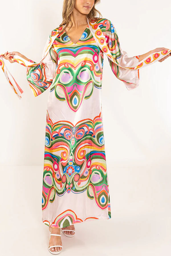 Venice Satin Colorful Baroque Style Print High Neck Tie-up Half Bell Sleeve Maxi Dress-consonak
