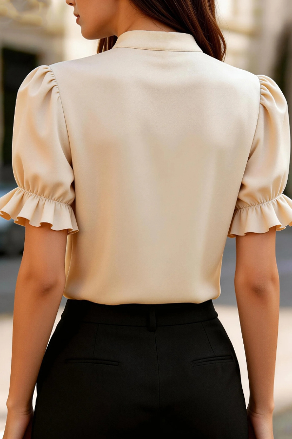 Solid Color Lace Patchwork Stand Collar Puff Sleeve Casual Shirt